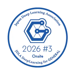 JDLA Deep Learning for GENERAL 2026 #3 Onsite のオープンバッジ。青い円形のバッジで、中央にJDLAのロゴと「2026 #3 Onsite」、周囲に「Japan Deep Learning Association」「JDLA DeepLearning for GENERAL」の文字。